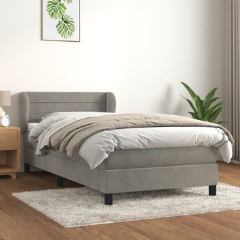 Cama Individual | Cama Para Adultos | Cama Box Spring Con Colchón Terciopelo Gris Claro 90x190 Cm Cfw9328325