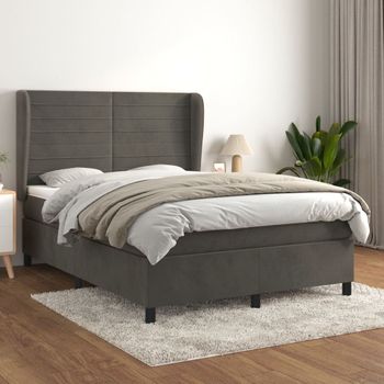 Cama Doble | Cama Para Adultos | Cama Box Spring Con Colchón Terciopelo Gris Oscuro 140x190 Cm Cfw6641898