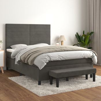 Cama Doble | Cama Para Adultos | Cama Box Spring Con Colchón Terciopelo Gris Oscuro 140x190 Cm Cfw7046272