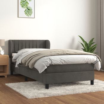 Cama Individual | Cama Para Adultos | Cama Box Spring Con Colchón Terciopelo Gris Oscuro 90x190 Cm Cfw9964819