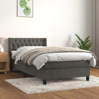 Cama Individual | Cama Para Adultos | Cama Box Spring Con Colchón Terciopelo Gris Oscuro 90x190 Cm Cfw9326559