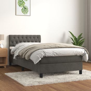 Cama Individual | Cama Para Adultos | Cama Box Spring Con Colchón Terciopelo Gris Oscuro 90x190 Cm Cfw6855498