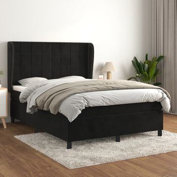 Cama Doble | Cama Para Adultos | Cama Box Spring Con Colchón Terciopelo Negro 140x190 Cm Cfw3307983