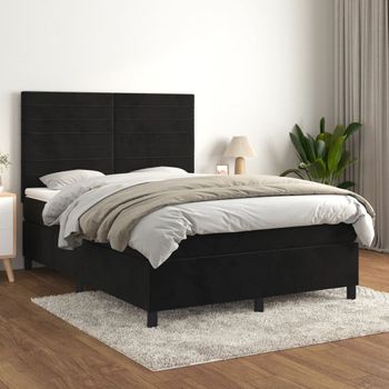 Cama Doble | Cama Para Adultos | Cama Box Spring Con Colchón Terciopelo Negro 140x190 Cm Cfw9585493