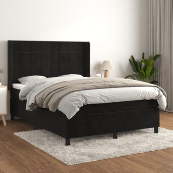 Cama Doble | Cama Para Adultos | Cama Box Spring Con Colchón Terciopelo Negro 140x190 Cm Cfw4256090