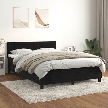 Cama Doble | Cama Para Adultos | Cama Box Spring Con Colchón Terciopelo Negro 140x190 Cm Cfw7387507