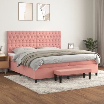 Cama Doble | Cama Para Adultos | Cama Box Spring Con Colchón Terciopelo Rosa 200x200 Cm Cfw6217785