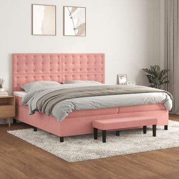 Cama Doble | Cama Para Adultos | Cama Box Spring Con Colchón Terciopelo Rosa 200x200 Cm Cfw2109986