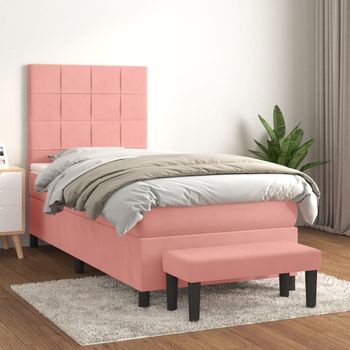 Cama Individual | Cama Para Adultos | Cama Box Spring Con Colchón Terciopelo Rosa 90x190 Cm Cfw1950397