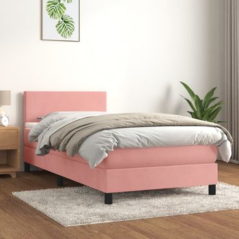 Cama Individual | Cama Para Adultos | Cama Box Spring Con Colchón Terciopelo Rosa 90x190 Cm Cfw3249515