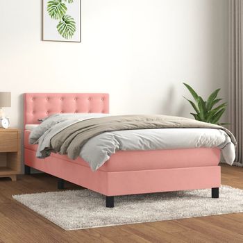 Cama Individual | Cama Para Adultos | Cama Box Spring Con Colchón Terciopelo Rosa 90x190 Cm Cfw8373964