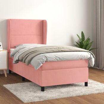 Cama Individual | Cama Para Adultos | Cama Box Spring Con Colchón Terciopelo Rosa 90x190 Cm Cfw8861169