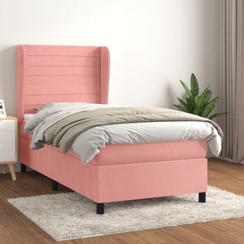 Cama Individual | Cama Para Adultos | Cama Box Spring Con Colchón Terciopelo Rosa 90x190 Cm Cfw8651156