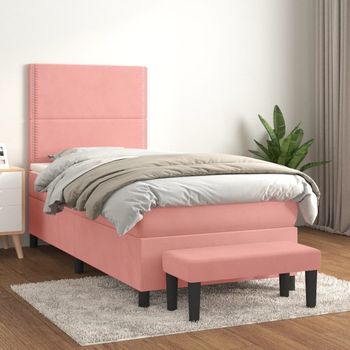 Cama Individual | Cama Para Adultos | Cama Box Spring Con Colchón Terciopelo Rosa 90x190 Cm Cfw1613621