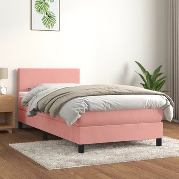 Cama Individual | Cama Para Adultos | Cama Box Spring Con Colchón Terciopelo Rosa 90x200 Cm Cfw4715981