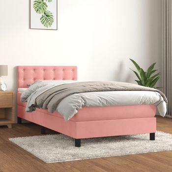 Cama Individual | Cama Para Adultos | Cama Box Spring Con Colchón Terciopelo Rosa 90x200 Cm Cfw4443260