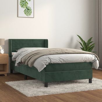 Cama Individual | Cama Para Adultos | Cama Box Spring Con Colchón Terciopelo Verde Oscuro 100x200 Cm Cfw1610323