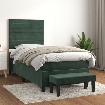 Cama Individual | Cama Para Adultos | Cama Box Spring Con Colchón Terciopelo Verde Oscuro 100x200 Cm Cfw4433475