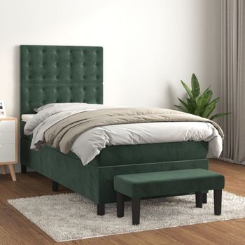 Cama Individual | Cama Para Adultos | Cama Box Spring Con Colchón Terciopelo Verde Oscuro 100x200 Cm Cfw3053335