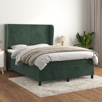 Cama Doble | Cama Para Adultos | Cama Box Spring Con Colchón Terciopelo Verde Oscuro 140x200 Cm Cfw4403863