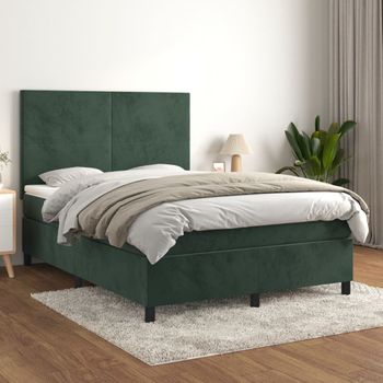 Cama Doble | Cama Para Adultos | Cama Box Spring Con Colchón Terciopelo Verde Oscuro 140x200 Cm Cfw1983749