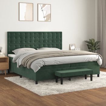 Cama Doble | Cama Para Adultos | Cama Box Spring Con Colchón Terciopelo Verde Oscuro 200x200 Cm Cfw1596788