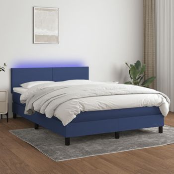 Cama Doble | Cama Para Adultos | Cama Box Spring Con Colchón Y Led Tela Azul 140x190 Cm Cfw4710060