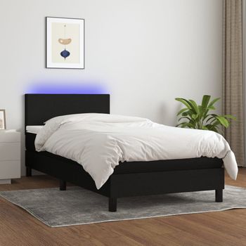 Cama Individual | Cama Para Adultos | Cama Box Spring Con Colchón Y Led Tela Negro 90x190 Cm Cfw1703538