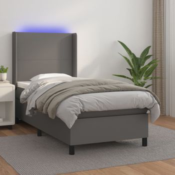 Cama Individual | Cama Para Adultos | Cama Box Spring Y Colchón Led Cuero Sintético Gris 90x190 Cm Cfw2210036