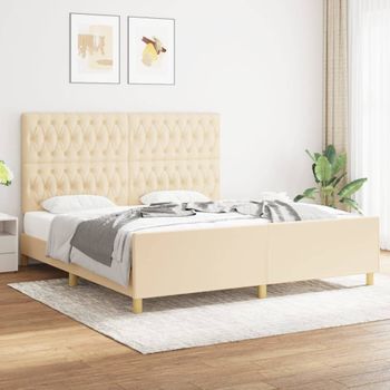 Cama Doble | Cama Para Adultos | Estructura De Cama Con Cabecero De Tela Color Crema 180x200 Cm Cfw3751603