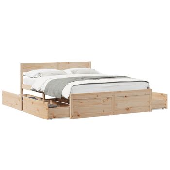 Cama Doble | Cama Para Adultos | Estructura De Cama Con Cajones Madera Maciza De Pino 150x200cm Cfw2161460