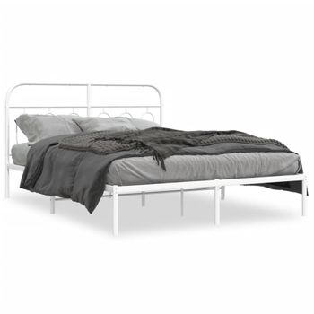 Cama Doble | Cama Para Adultos | Estructura De Cama De Metal Con Cabecero Blanca 150x200 Cm Cfw6184613