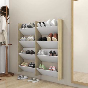 4 Uds Zapatero | Mueble Zapato Moderno | Armario Zapateros De Pared Contrachapada Blanco Y Roble 60x18x60cm Cfw4870015