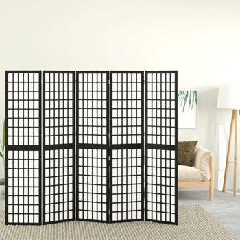 Biombo Divisor Plegable Con 5 Paneles | Separador De Ambientes Estilo Japonés Negro 200x170 Cm Cfw745125