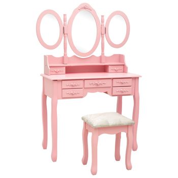 Tocador | Mesa Tocador | Tocador De Maquillaje Con Taburete Y Espejo Triple Plegable Rosa Cfw799623