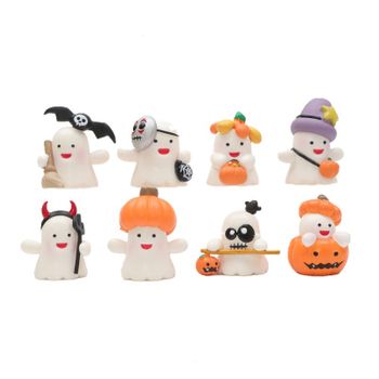 8 Mini Figuras Temáticas De Halloween Con Linterna De Calabaza Fantasma Blanca