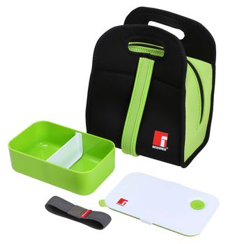 Set Bento Box 1000ml +bolsa Isotermica Neopreno Negro/verde Walking Business Acero Inoxidable