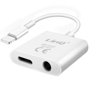 Adaptador 2 En 1 Lightning A Jack 3.5mm Audio + Lightning Carga Linq Blanco