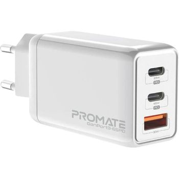 Cargador Gan Usb-c Dual 65w Y Usb-a 30w, Promate Ganport3-65pd – Blanco