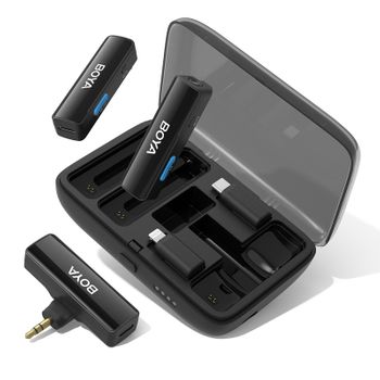 Sistema De Micrófono Inalámbrico De Solapa Boya Boyalink Lavalier Conector Usb-c Lightning Y Trs 3,5 Mm