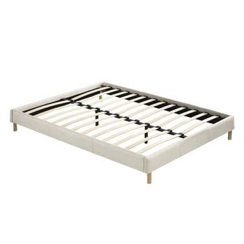 Cama Con Somier De Láminas De 140x190 Cm Con Revestimiento De Tela Blanca, Pies De Madera