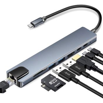 Concentrador Usb-c De 8 Puertos Con Usb, Ubc Pd, Hdmi, Rj45, Tarjeta De Memoria Grey