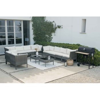 Conjunto Muebles Jardín Kansas Deluxe   6 Módulos Esquina, 4 Módulos Centrales, 2 Mesas Ratán Sintético