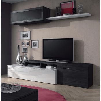 Mueble De Tv Modular Color Gris Ceniza Y Blanco Brillo 2 Módulos Doble Montaje Salón Comedor 200x41 Cm
