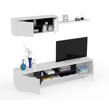 Mueble Tv Modular Belus Color Blanco Brillo 2 Módulos 1 Estante Salón Comedor Estilo Moderno 200 Cm