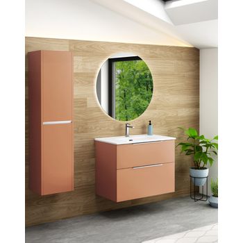 Mueble Baño Suspendido con Lavabo Cerámico Sahara, 2 cajones con Uñero  Cierre Amortiguado y Organizador, Roble Natural - Blanco, 80cm