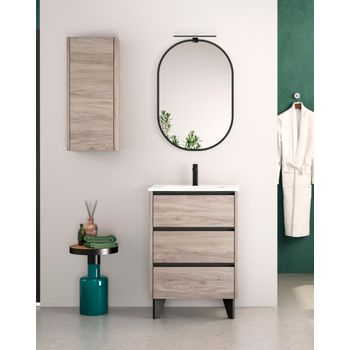 Mueble De Baño Al Suelo Con Lavabo Cerámico | 3 Cajones Con Cierre Amortiguado Y Organizador | 70 Cm Pino Gris - Tirador Negro