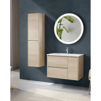 Mueble De Baño Suspendido Con Lavabo Cerámico | 2 Cajones Y Puerta Lateral Con Cierre Amortiguado Y Organizador | 80 Cm Alpine - Tirador Cromo Brillo