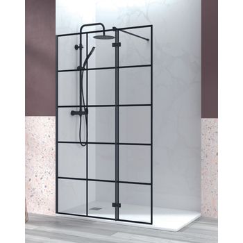 Mampara De Ducha Fijo De Ducha + 1 Puerta Abatible | Cristal Templado 6mm Antical Cuadrícula Negra | 195cm Altura | Perfil Negro Mate - 90cm + 40cm