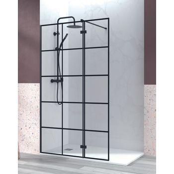 Mampara Ducha Puerta Abatible Perfil Pivotante 180º, 100cm + 40cm, Cuadrículas, Negro